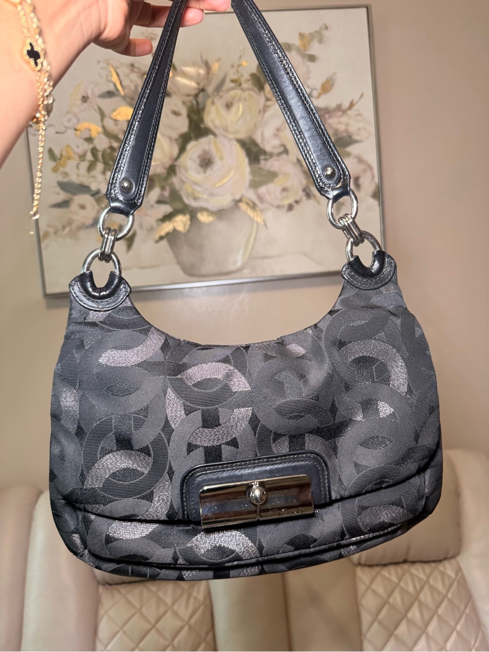Coach Black Signature Jacquard Shoulder Bag with Silver Hardware